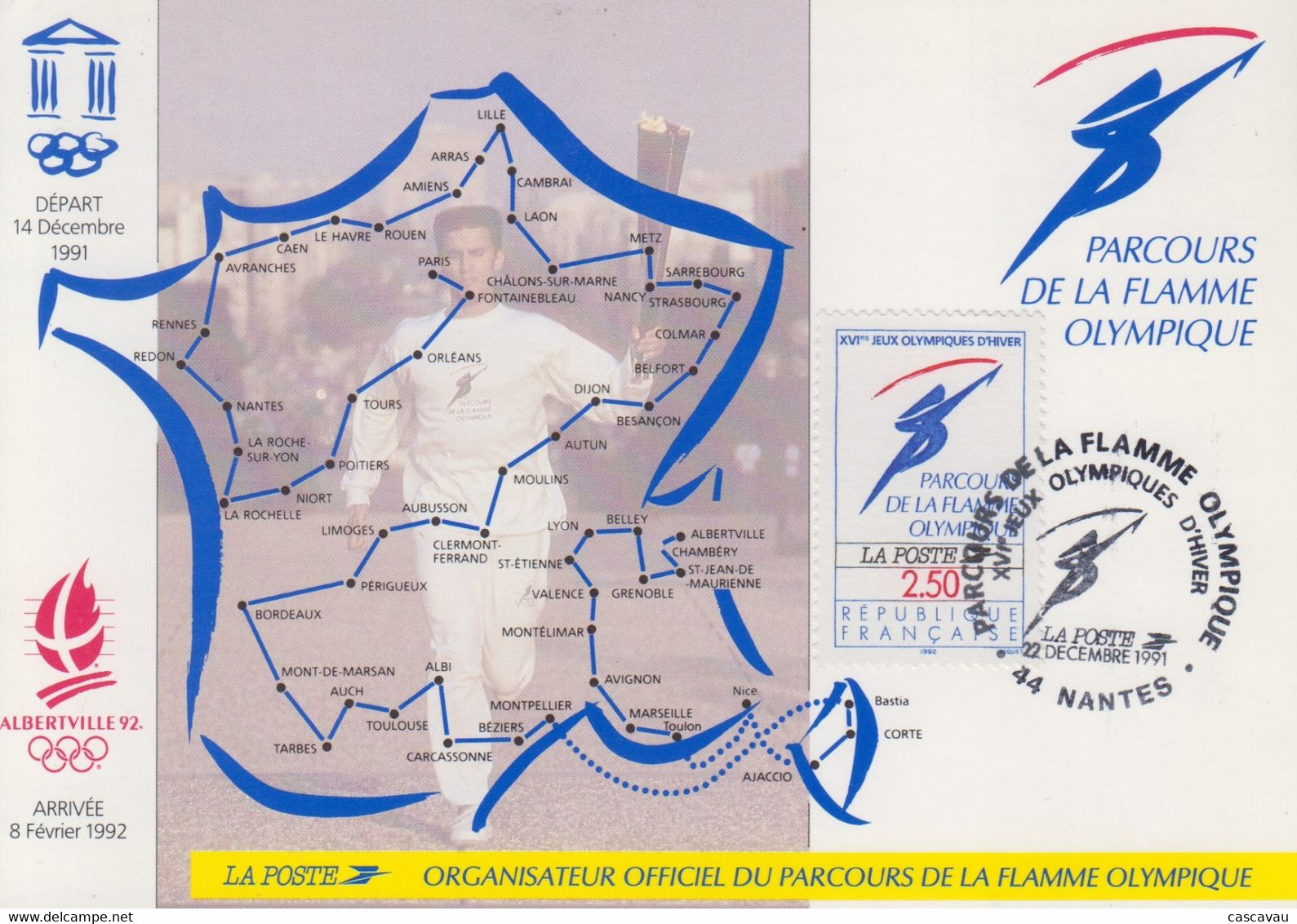 Carte   FRANCE   Parcours  De  La  Flamme   JEUX  OLYMPIQUES  D'  HIVER    ALBERTVILLE    NANTES   1991 - Winter 1992: Albertville