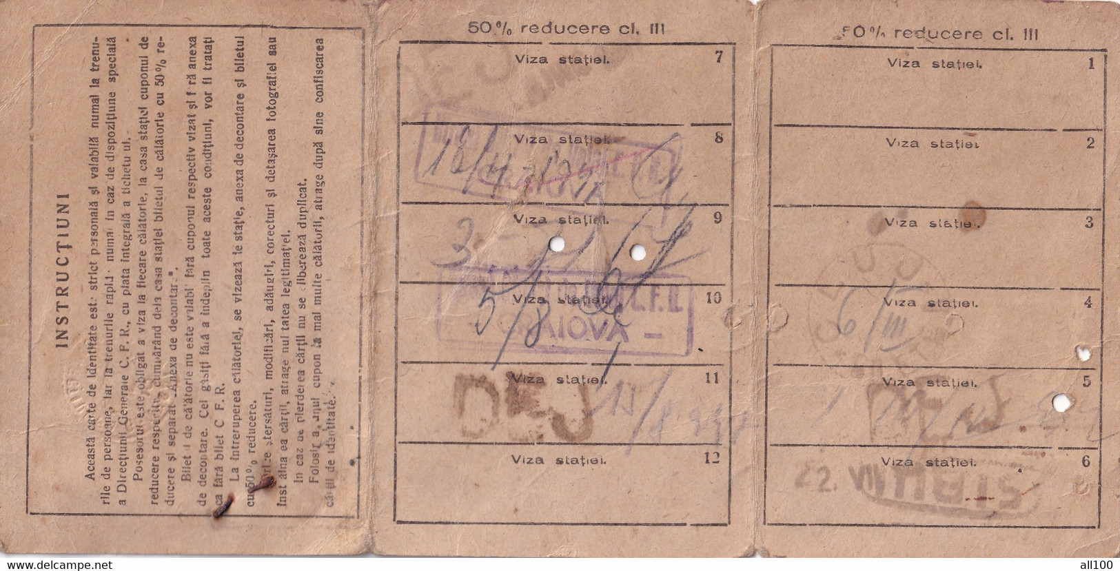 A18631 - IDENTITY CARD FOR ROMANIAN RAILWAY 3RD CLASS 12 JURNEYS MINISTRY OF FINANCE AVAILABLE UNTIL 1948 - Chemin De Fer