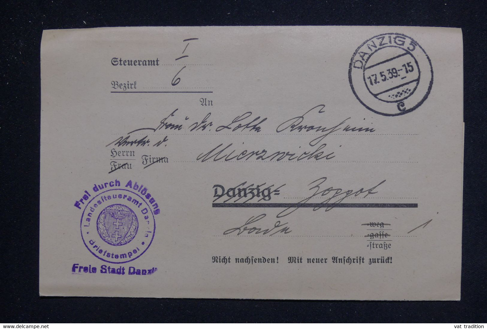 ALLEMAGNE -  Document De Danzig En 1939 Pour Zoppot - L 131790 - Briefe U. Dokumente