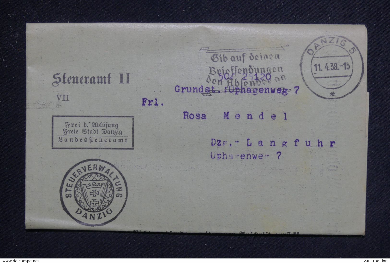 ALLEMAGNE -  Document De Danzig En 1938 Pour Langfuhr - L 131791 - Brieven En Documenten