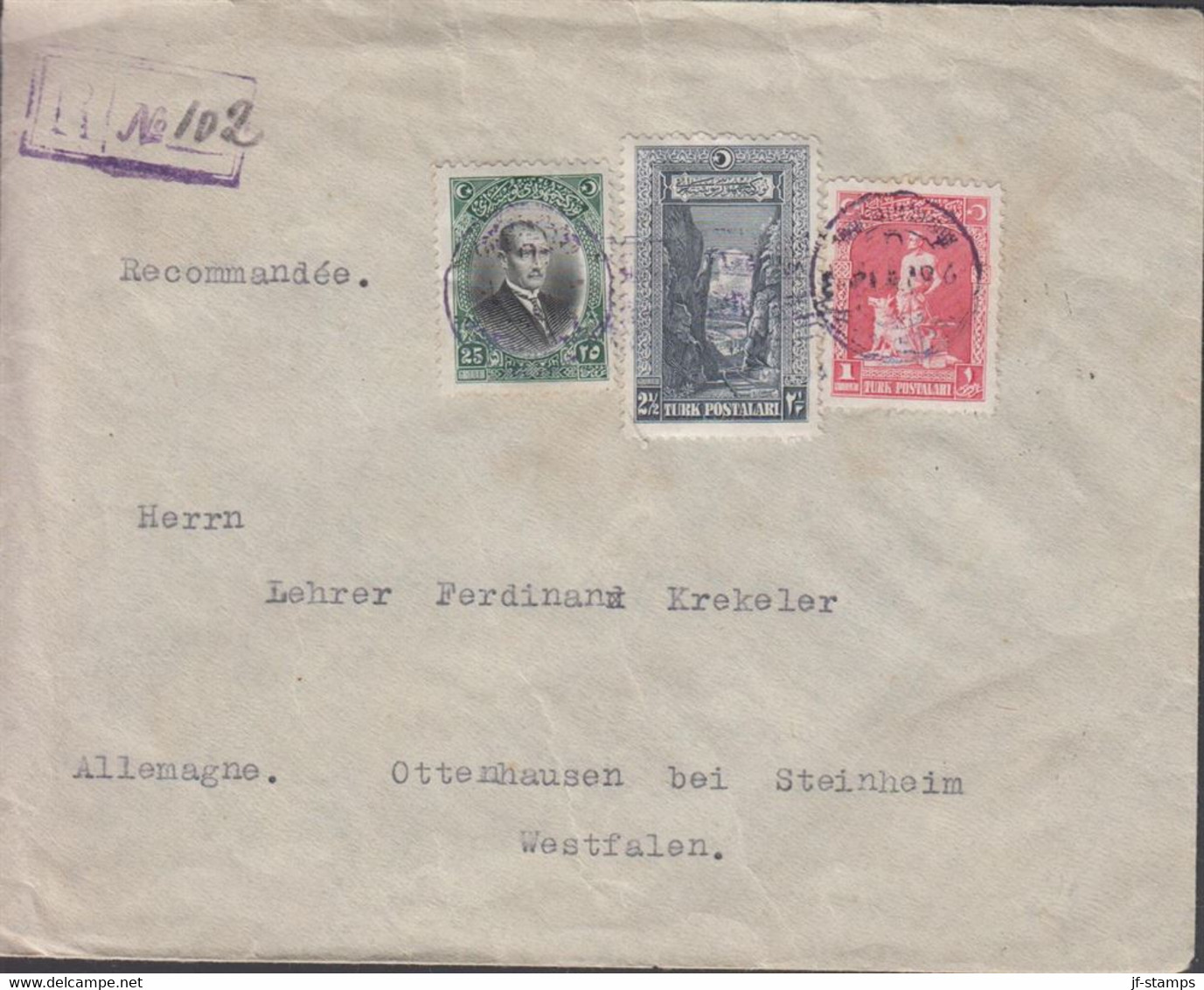 1928. TÜRKIYE Registered (R No 102) Cover To Westfalen With 1+ 2½ + 25 C Atatürk. Reverse 5 ... (Michel 853+) - JF432841 - Cartas & Documentos
