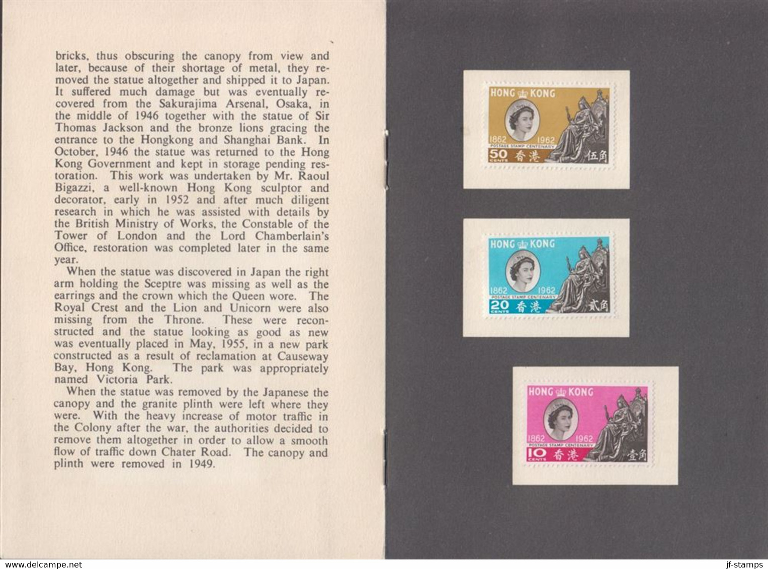 1962. HONG KONG POSTAGE STAMP CENTENARY. Complete Set With 3 Stamps Mounted  In Official ... (Michel 193-195) - JF432901 - Brieven En Documenten