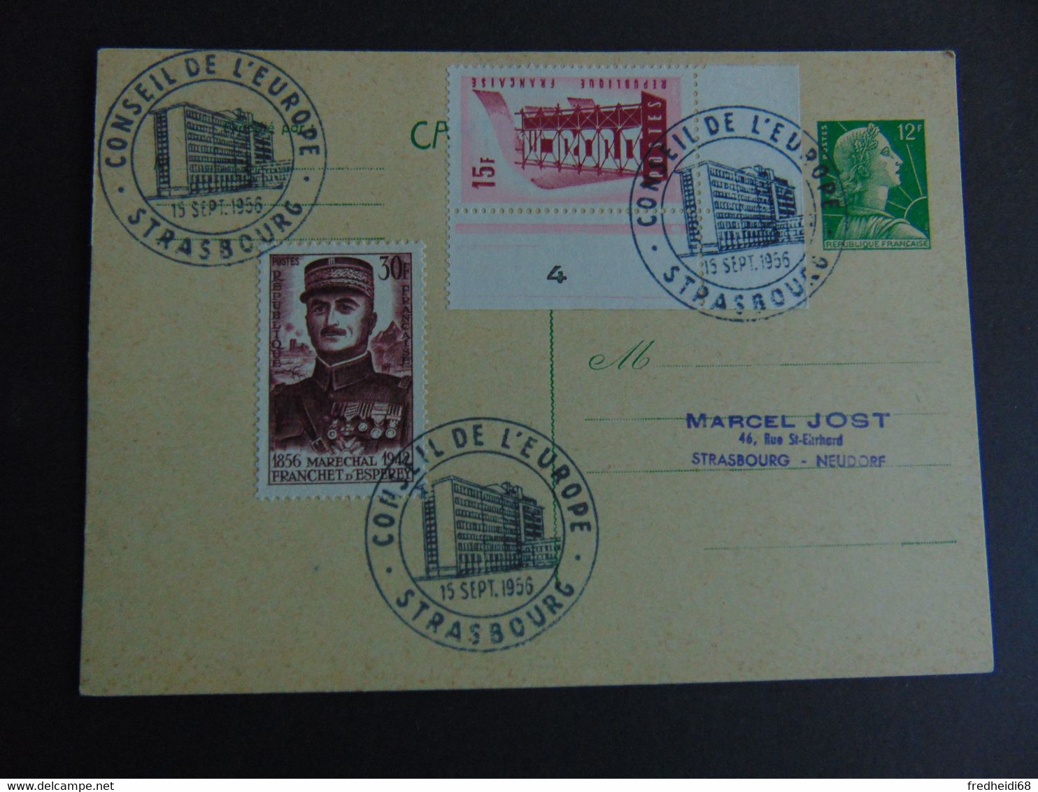 Entier Postal N° 1010-CP1 Suraffranchi Avec Les N° 1064 Et 1076 Oblitéré Du Conseil De L'Europe Du 15/09/1956 - Cartas & Documentos