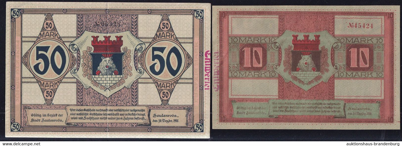 2x Zeulenroda: 10 + 50 Mark 16.12.1918 - Entwertet - Collections