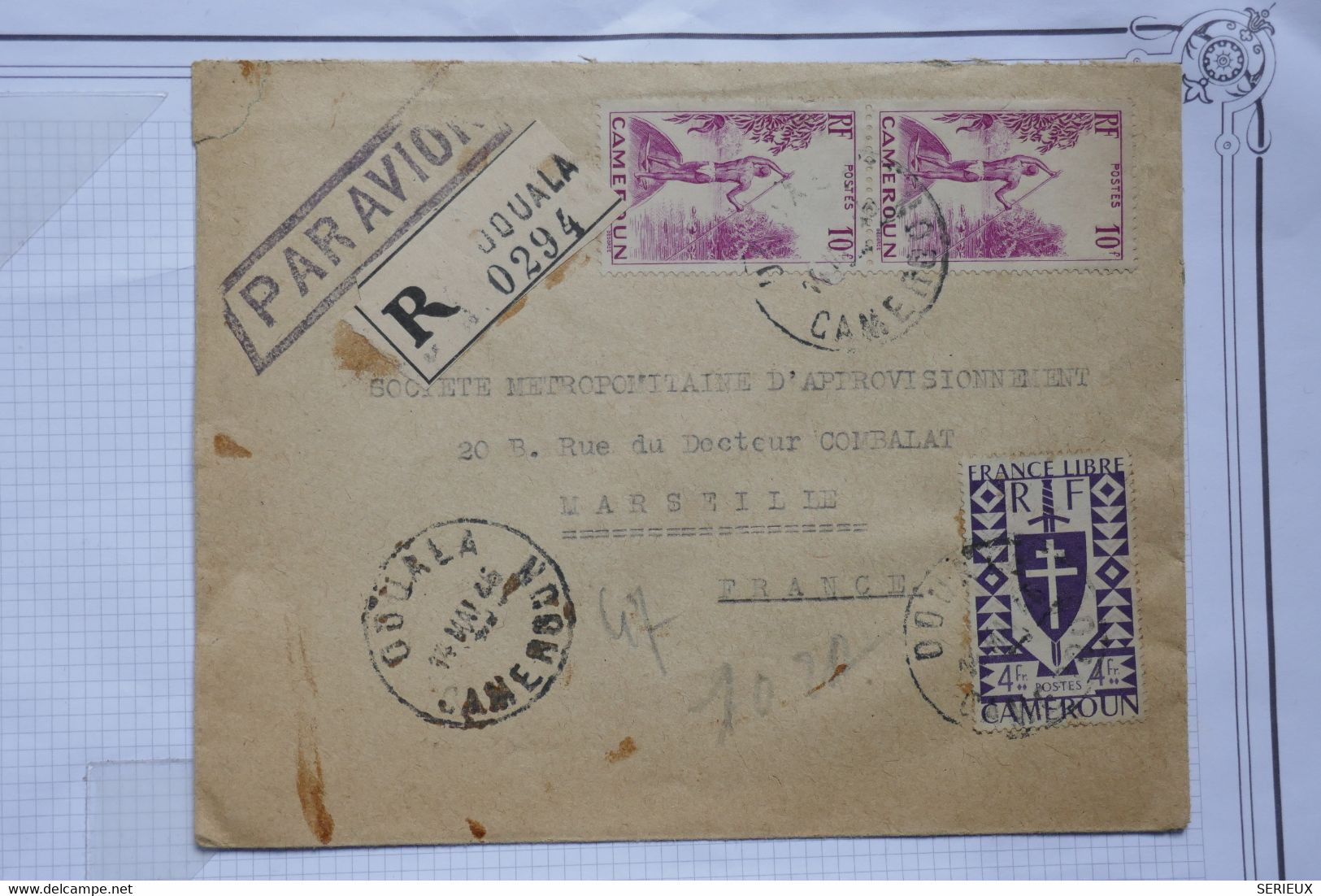 BE14  CAMEROUN   BELLE LETTRE  RECOM.   1946 PAR AVION DOUALA    A  MARSEILLE  FRANCE ++ PAIRE DE T  +AFFRANCH. PLAISANT - Storia Postale