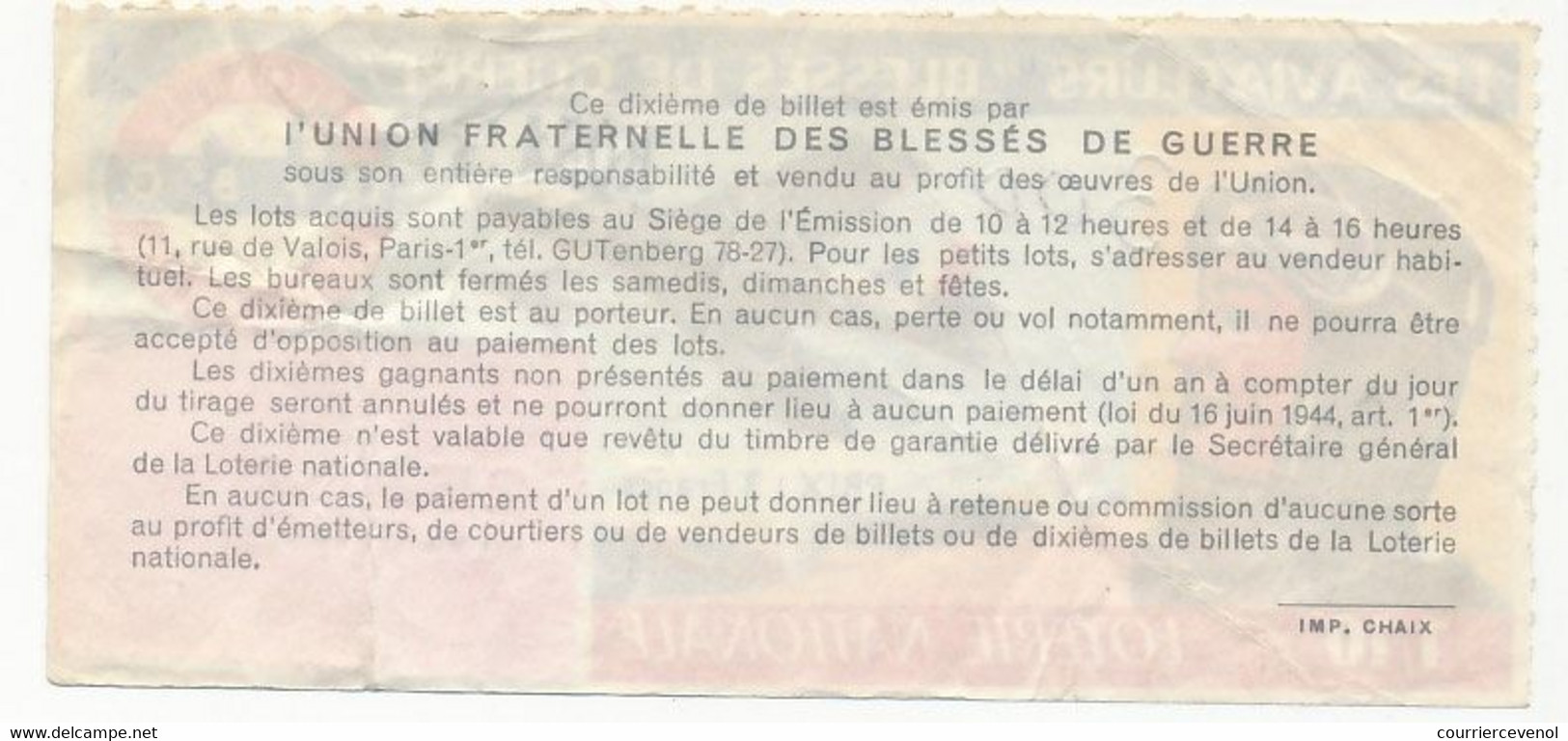 FRANCE - Loterie Nationale - 1/10ème Les Aviateurs "Blessés De Guerre" - 40eme Tranche 1964 - Lotterielose