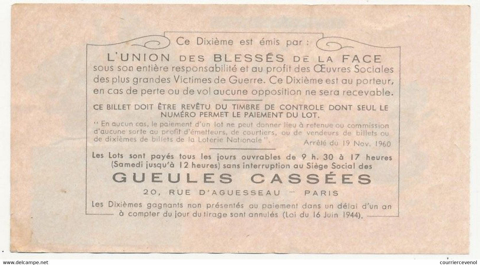 FRANCE - Loterie Nationale - 1/10ème Vendredi 13 Mars 1970 - Les Gueules Cassées - Tranche Spéciale - Lotterielose