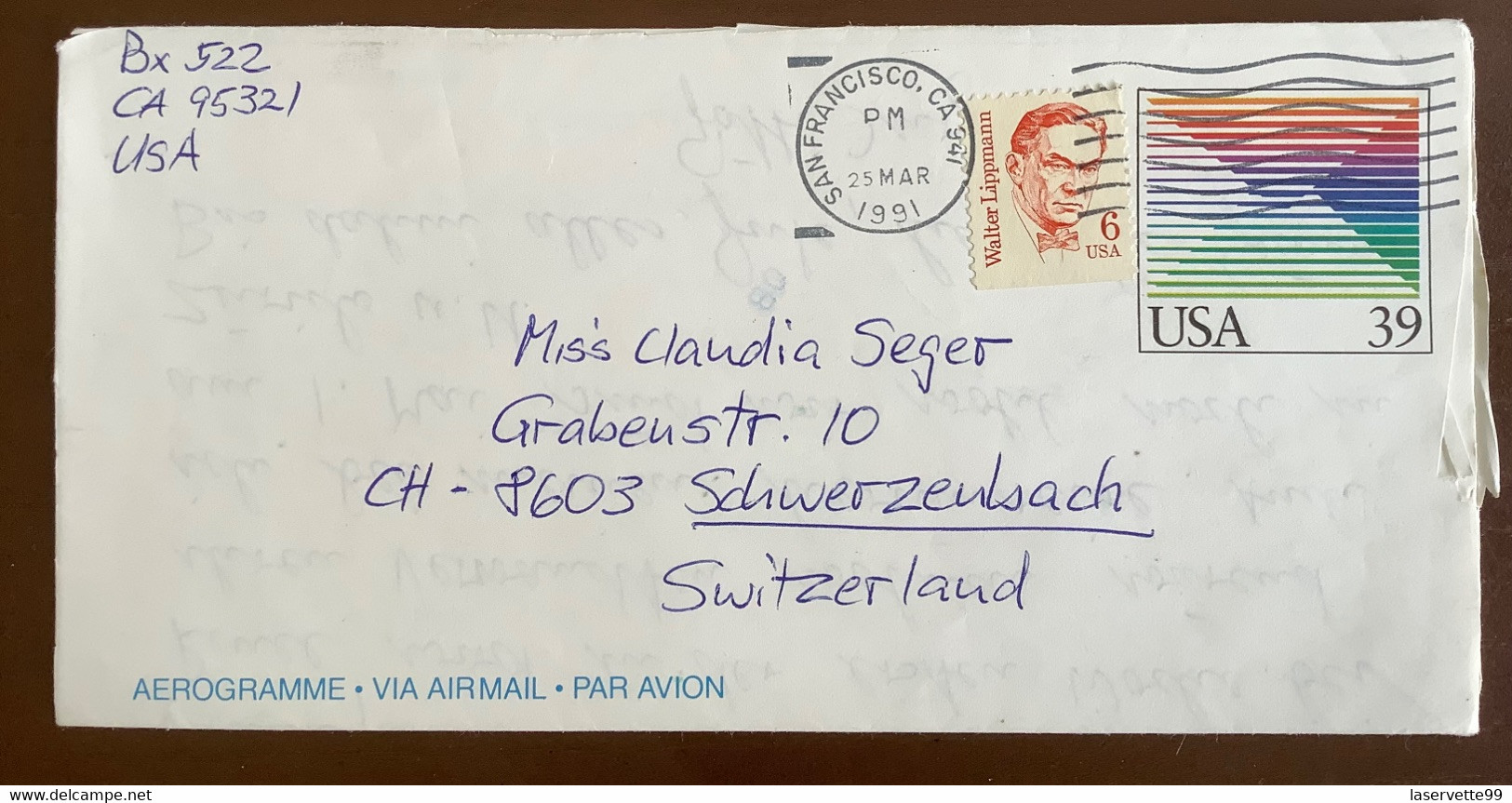 USA 1991 San Francisco Enveloppe Cover Switzerland Lettre Letter Etats-Unis Air - 1981-00