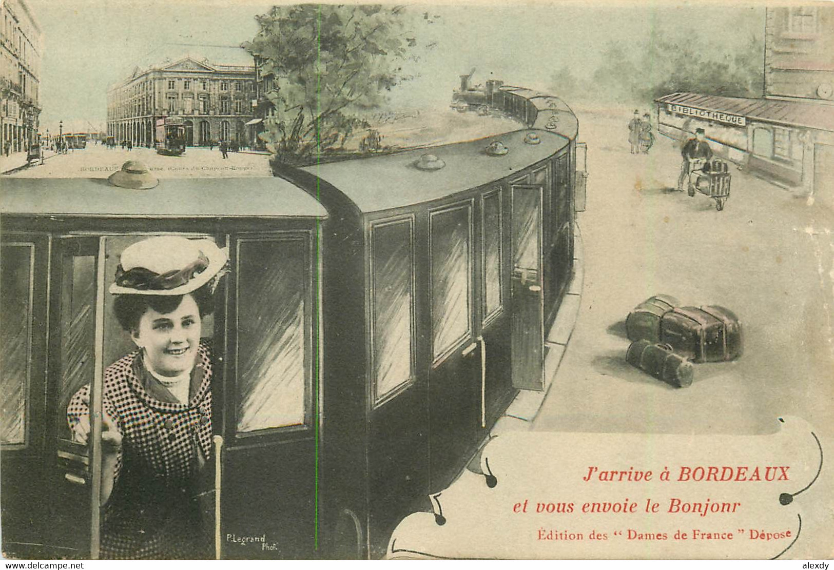 (XX) Carte Montage Gare Train Locomotive Voyageuse. J'arrive à BORDEAUX 33 En 1908 - Bordeaux