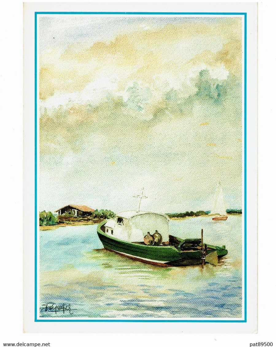 AQUARELLE / 33970 CAP FERRET Aquarelle De Viviane BEZENGIER :  Bateau Plat, Ile Aux Oiseaux / CPM N° 3 écrite - Aquarelles