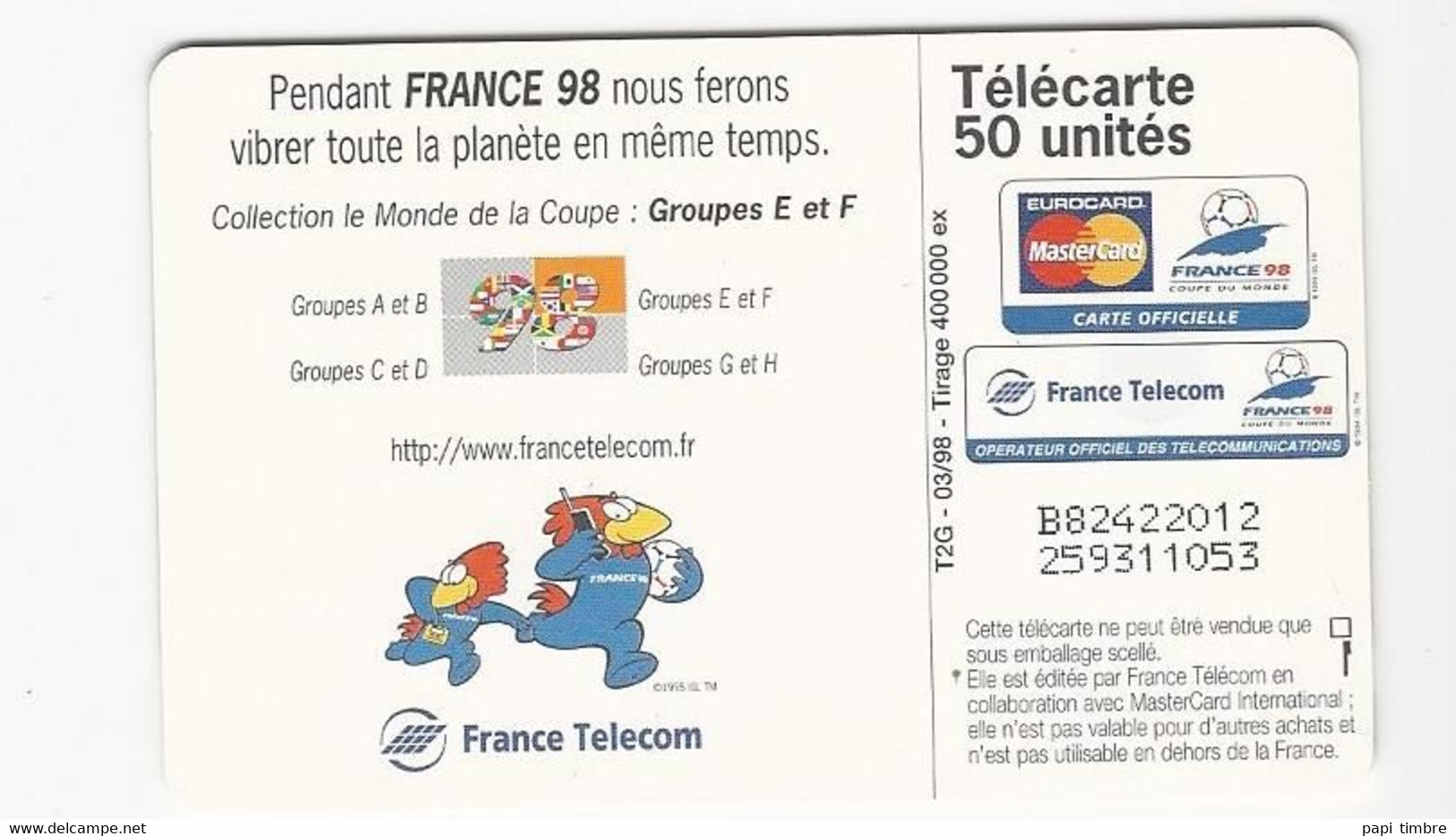 Lot de 4 Télécartes "France 98" - 50 unités