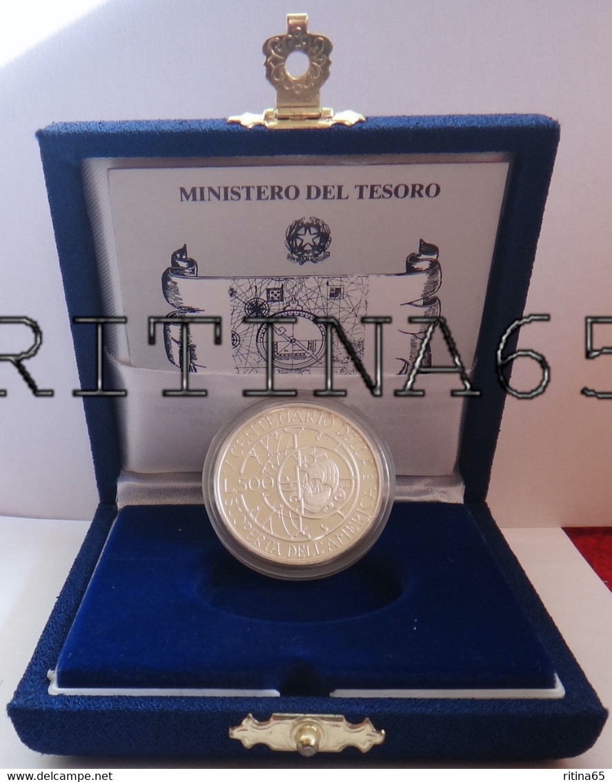 ITALIA 500 LIRE ARGENTO 1990 SCOPERTA DELL'AMERICA PROOF - Jahressets & Polierte Platten