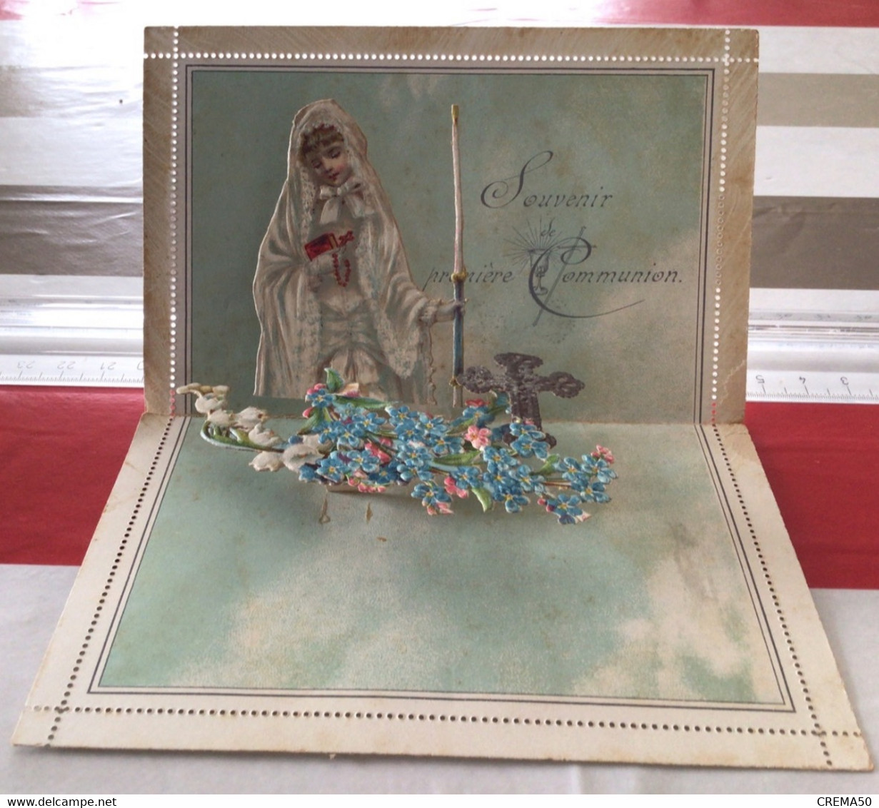 Carte Lettre - Souvenir De Première Communion, Communiante Avec Croix, Rare Carte Lettre à Système - Devotion Images