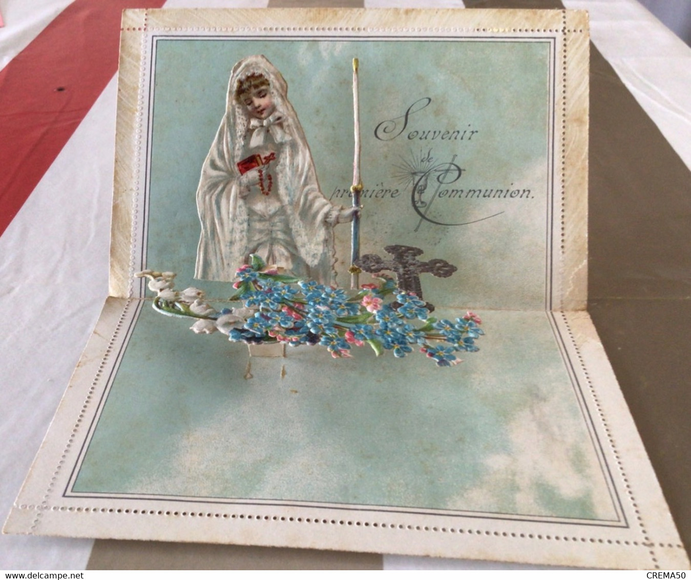Carte Lettre - Souvenir De Première Communion, Communiante Avec Croix, Rare Carte Lettre à Système - Images Religieuses