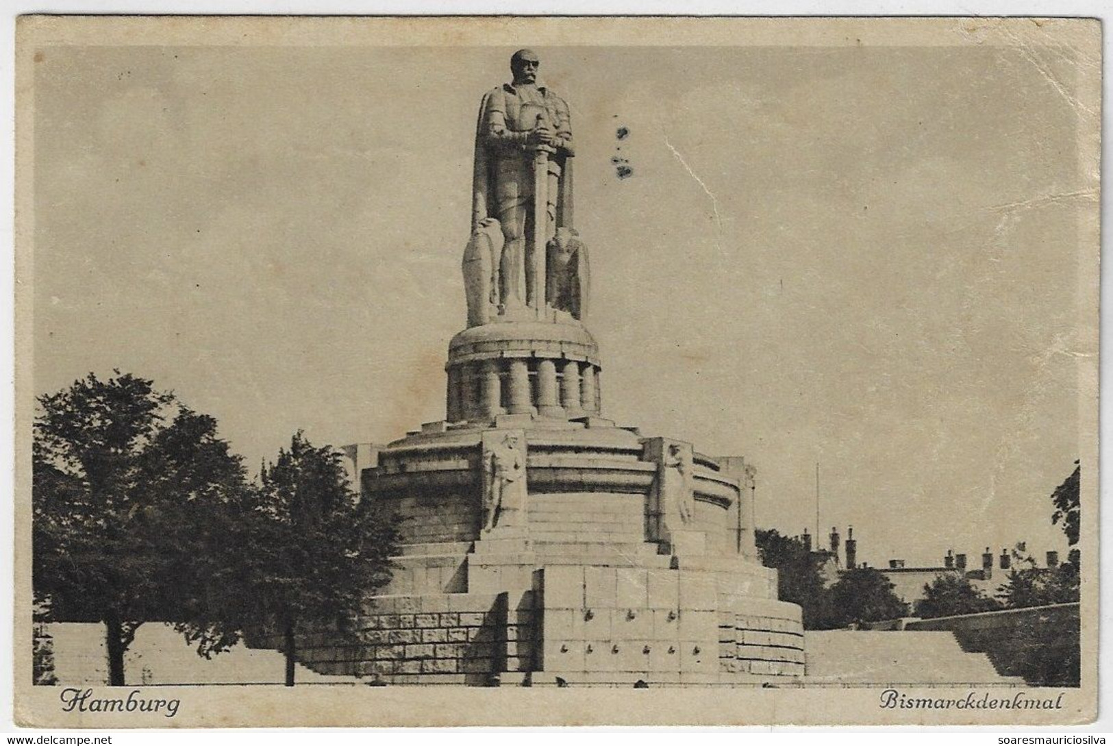Germany 1928 Postcard Bismarck Monument Hamburg Stamp 15 Pfennig Cancel Wiesbaden The Spa For Autumn And Winter Cures - Termalismo