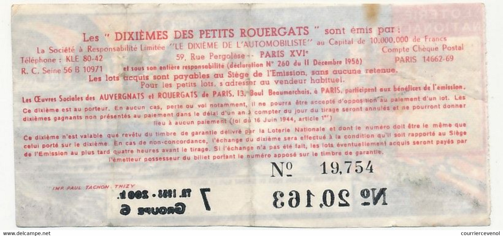 FRANCE - Loterie Nationale - 1/10ème - Le 1/10eme Des Petits Rouergats - 7eme Tranche 1958 - Lotterielose