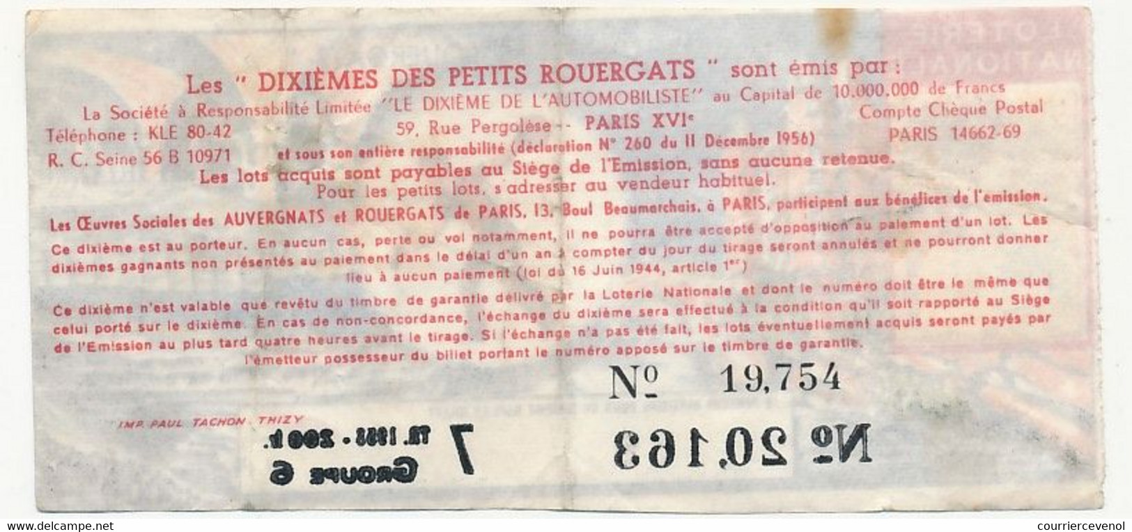 FRANCE - Loterie Nationale - 1/10ème - Le 1/10eme Des Petits Rouergats - 7eme Tranche 1958 - Lottery Tickets