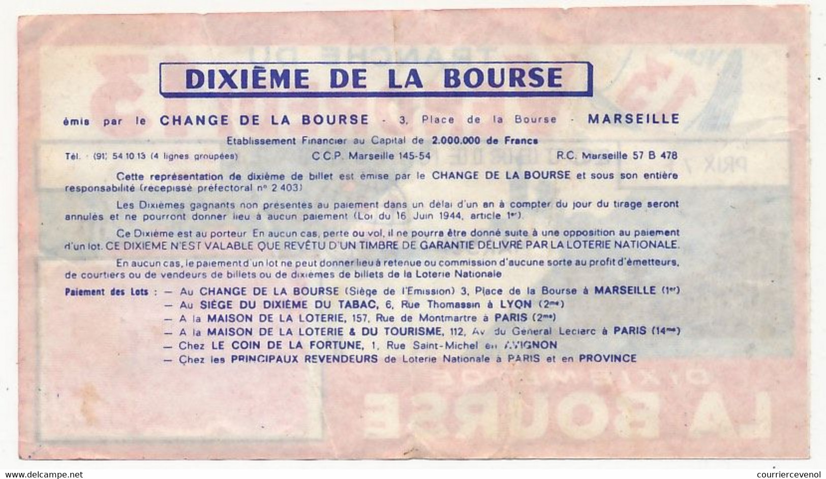 FRANCE - Loterie Nationale - 1/10ème -  Dixième De La Bourse, Tranche Du Vendredi 13 - Octobre 1972 - Loterijbiljetten