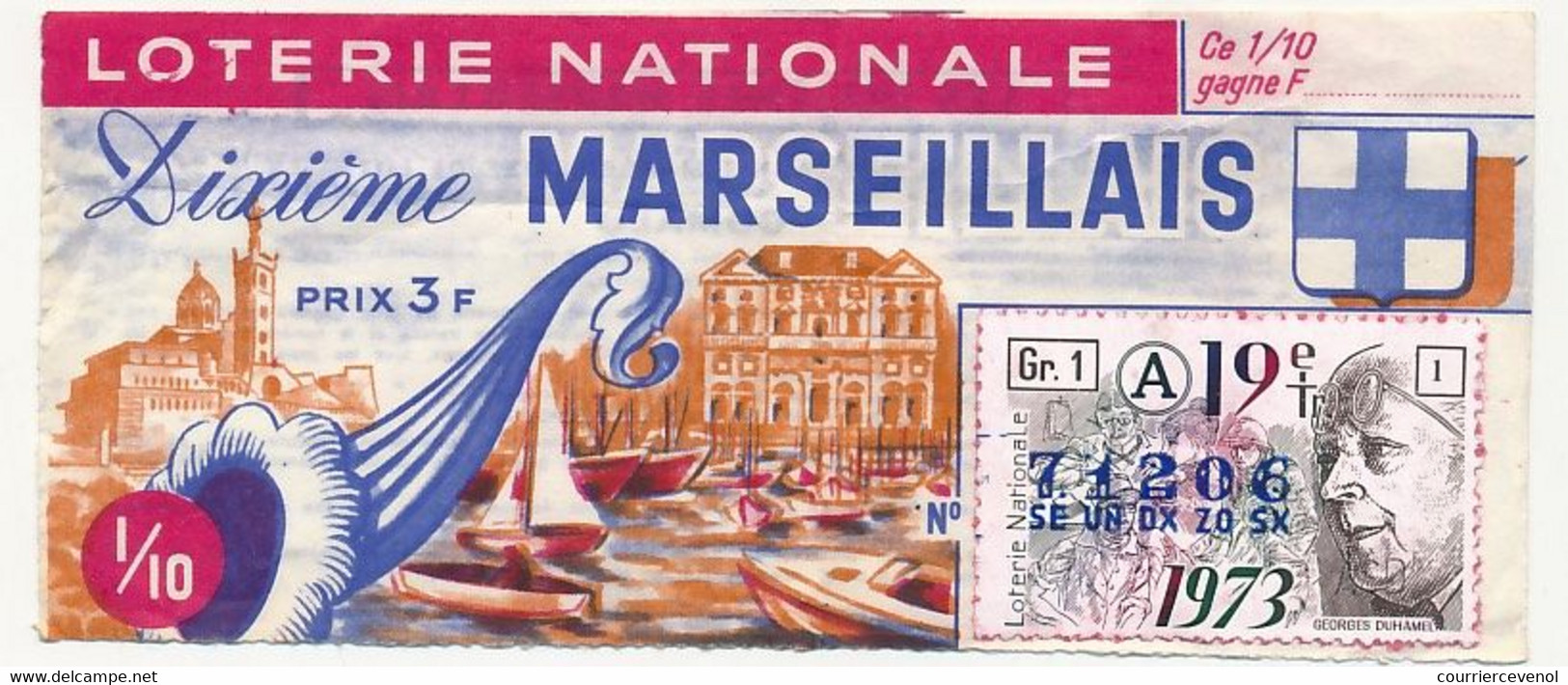 FRANCE - Loterie Nationale - 1/10ème - Dixième Marseillais - 19eme Tranche - 1973 - Billets De Loterie