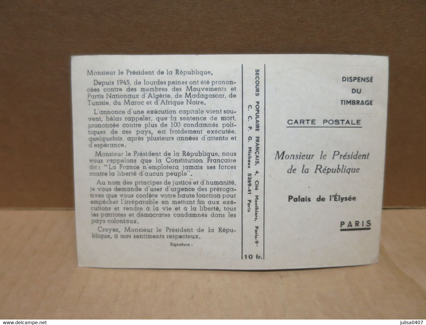 DECOLONISATION Guerre Algérie Et Colonies Carte Illustrée Secours Populaire Français Au Président République - Ohne Zuordnung