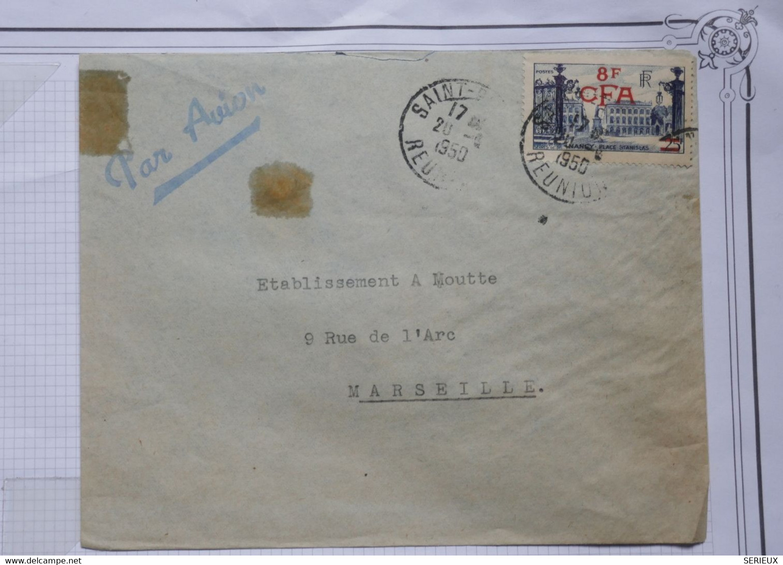 BE14  REUNION BELLE LETTRE  1950 PAR AVION SAINT DENIS  A  MARSEILLE  FRANCE +SURCH. ROUGE+AFFRANCH. INTERESSANT - Storia Postale