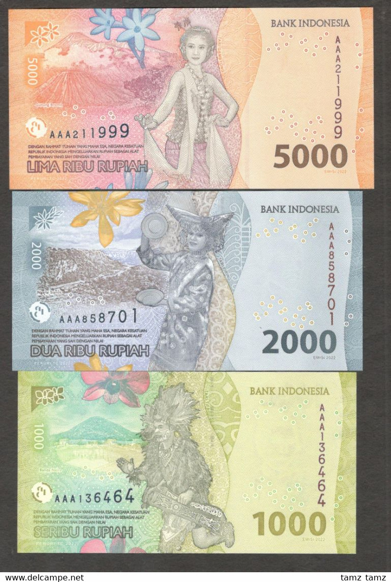 NEW DESIGN FIRST PREFIX AAA Set Indonesia 5000 2000 1000 Rupiah 2022 UNC - Indonésie