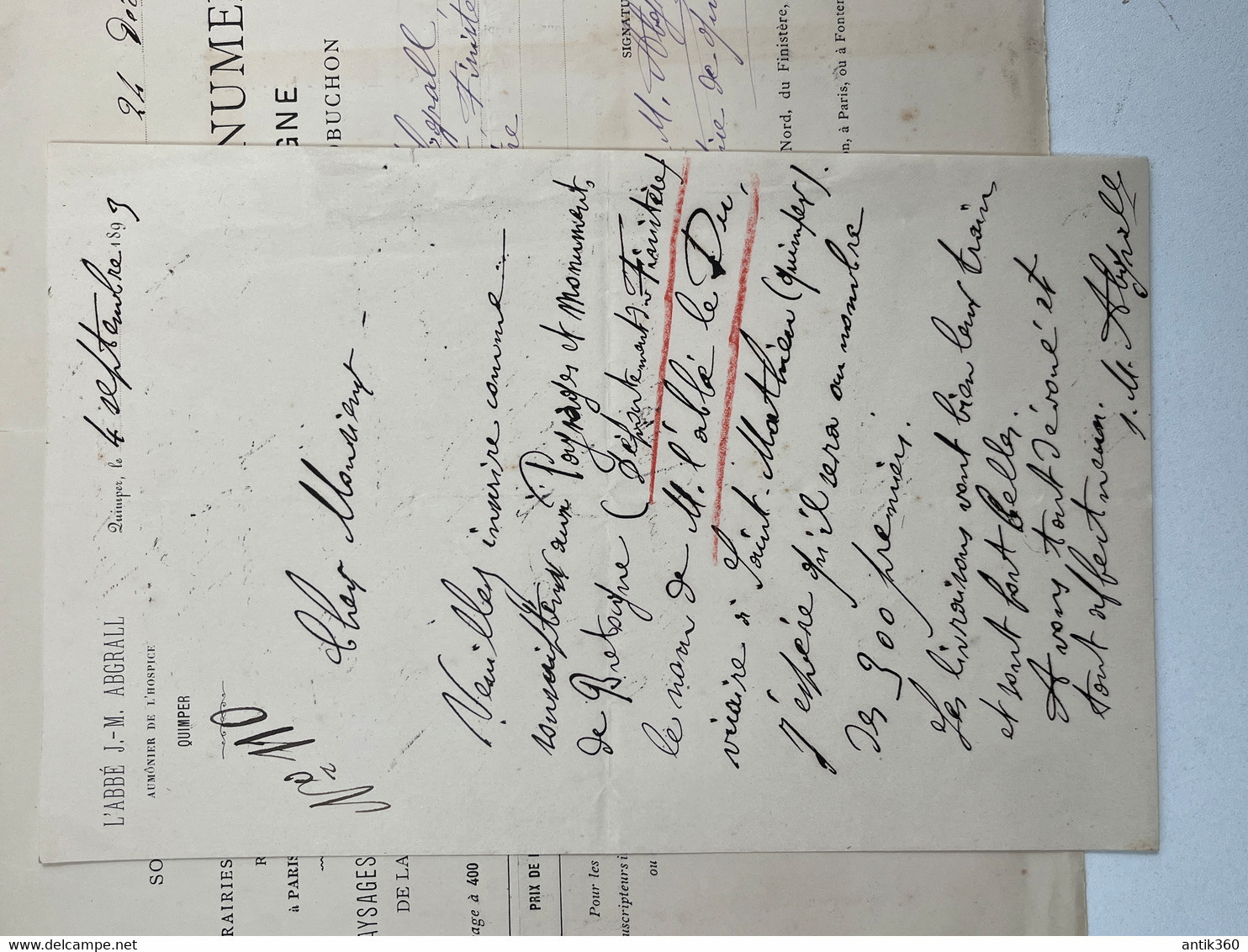 2 Documents Autographes Abbé Jean-Marie ABGRALL Bon De Souscription Paysages Monuments Bretagne Jules Robuchon - Historische Dokumente