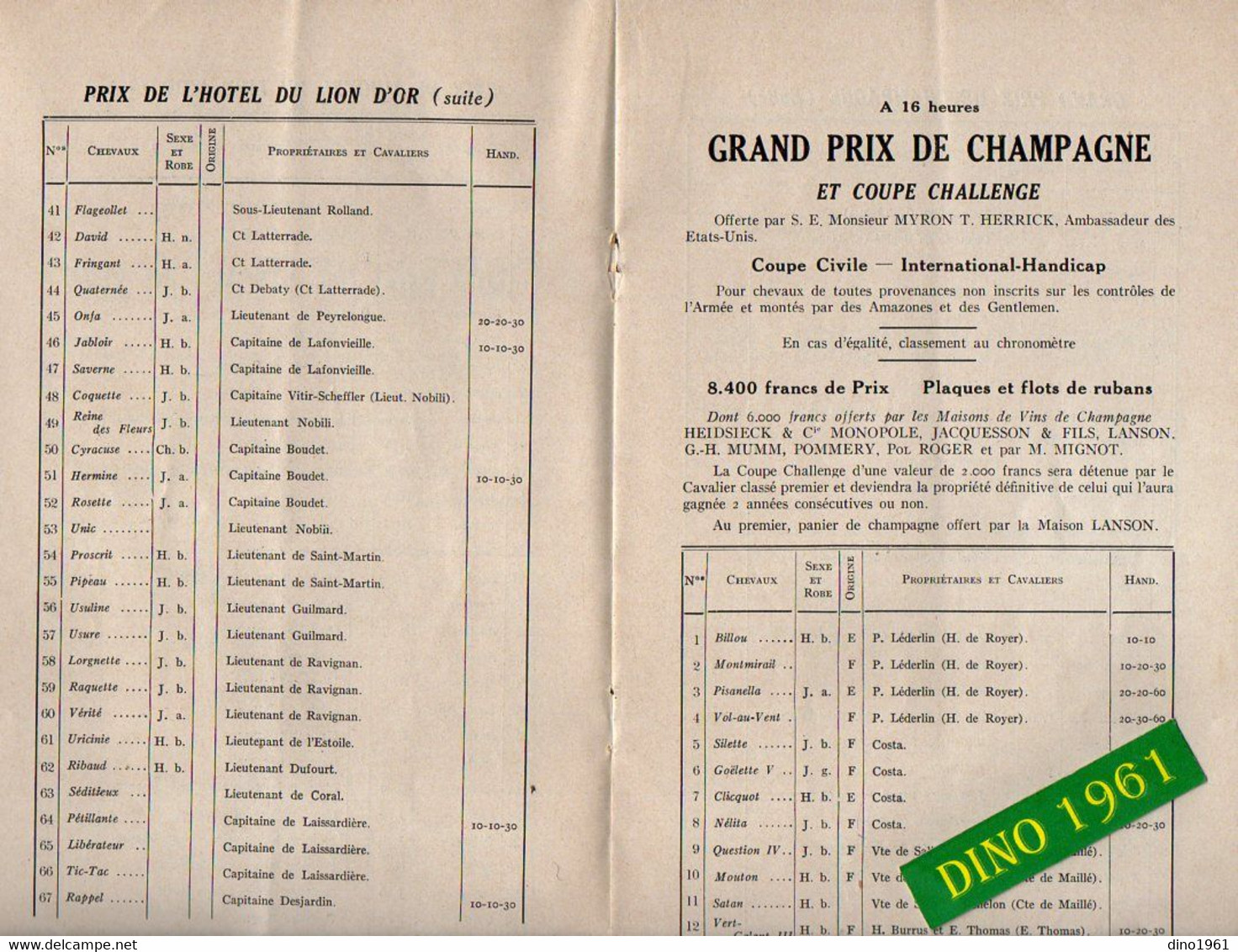 VP20.454 - 1929 - Rare - Programme Officiel - Concours Hippique De REIMS Au Parc POMMERY - Programmes