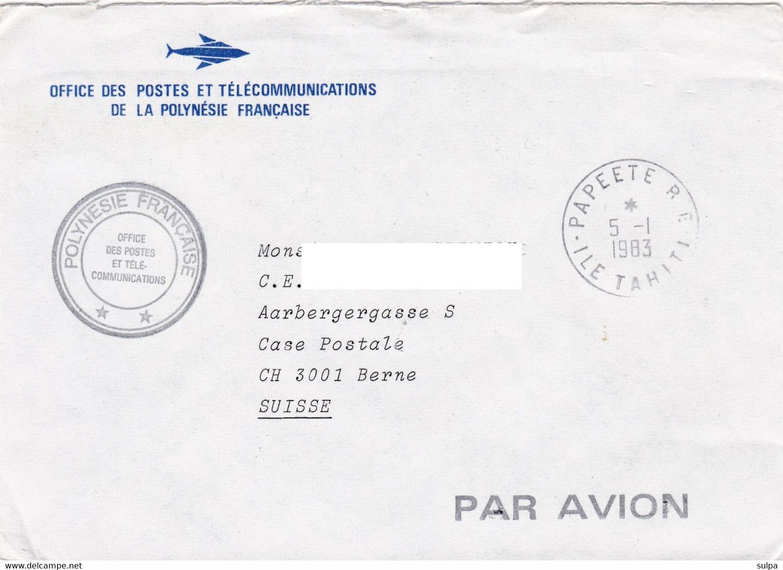Lettre Officielle Avion  De L'Office Des P & T De La Polynésie Française. Papeete 1983 Pour Berne - Service