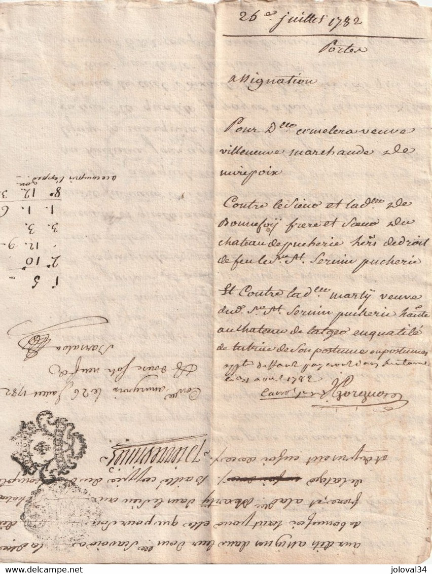 18/2/1780 Assignation Villeneuve Marchand MIREPOIX Ariège St Sernain Puecheric Laché Avec Cachet Généralité Toulouse - ... - 1799