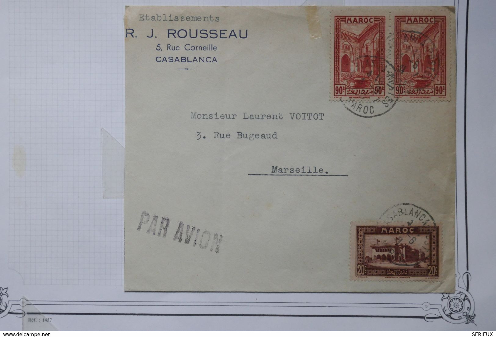 BE15 MAROC   BELLE LETTRE  PRIVEE 1936  PAR AVION CASABLANCA  A  MARSEILLE FRANCE +PAIRE DE TP +AFFRANCH. INTERESSANT - Covers & Documents