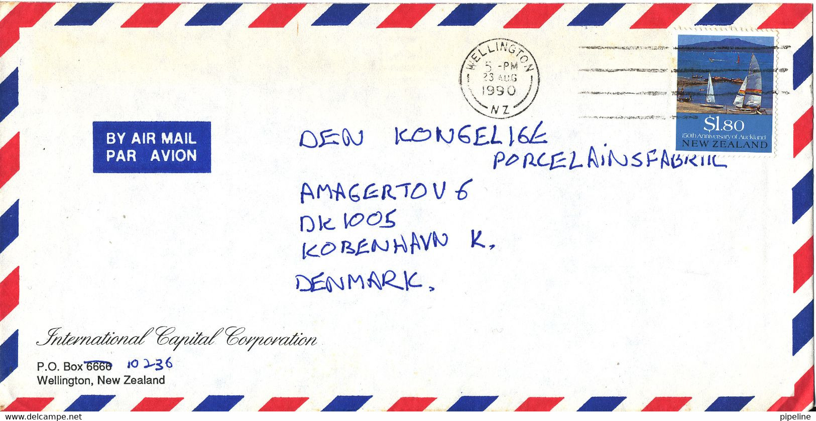 New Zealand Air Mail Sent To Denmark Wellington 23-8-1990 Single Franked - Corréo Aéreo