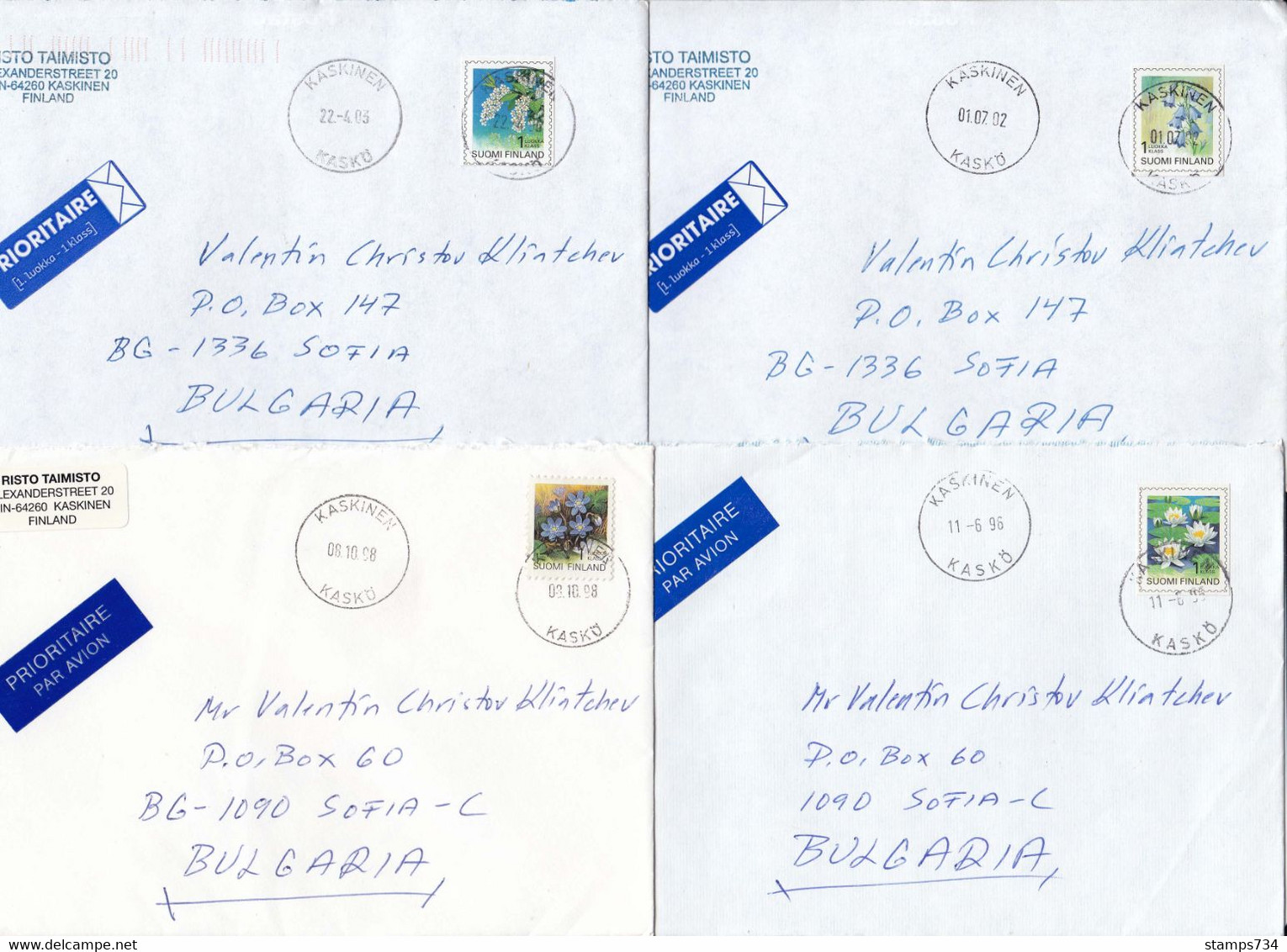 Finland - 4 Letters "FlowersFinland - 4 Letters "Flowers" From Kaskinen To Sofia/Bulgaria - Briefe U. Dokumente