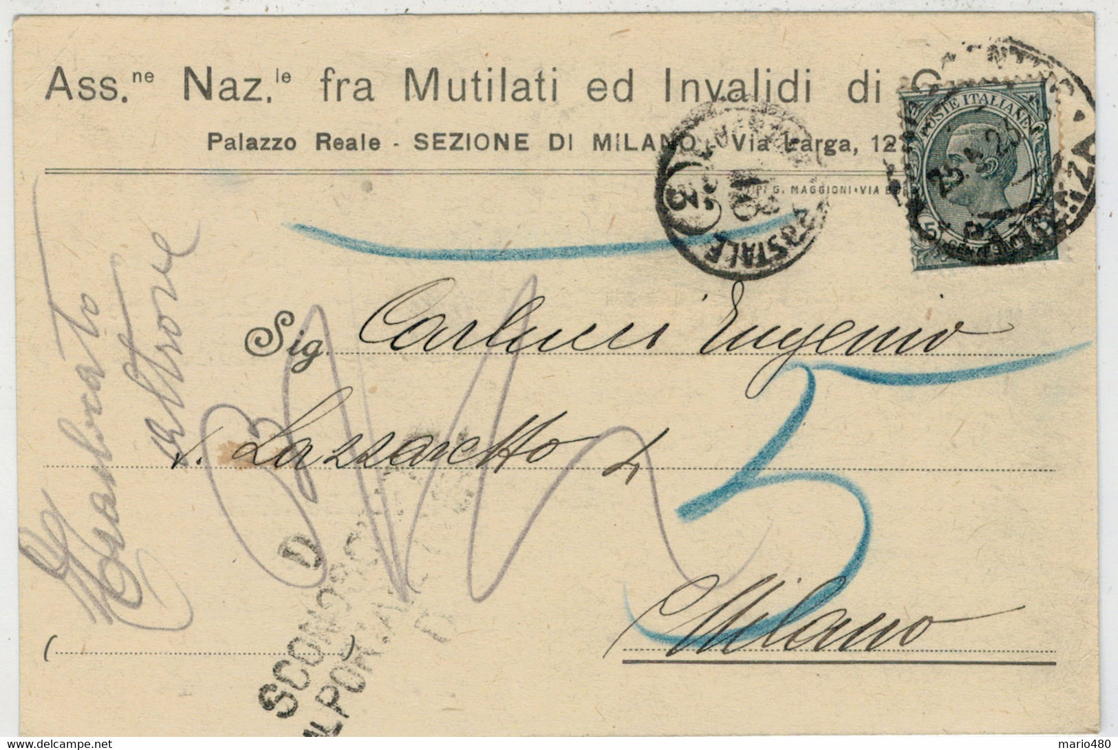 ASS.  NAZ. FRA    MUTILATI  ED  INVALIDI  DI  GUERRA  SEZ.  MILANO    1927     VIAGGIATA  PER  MILANO - Storia Postale (Zeppelin)