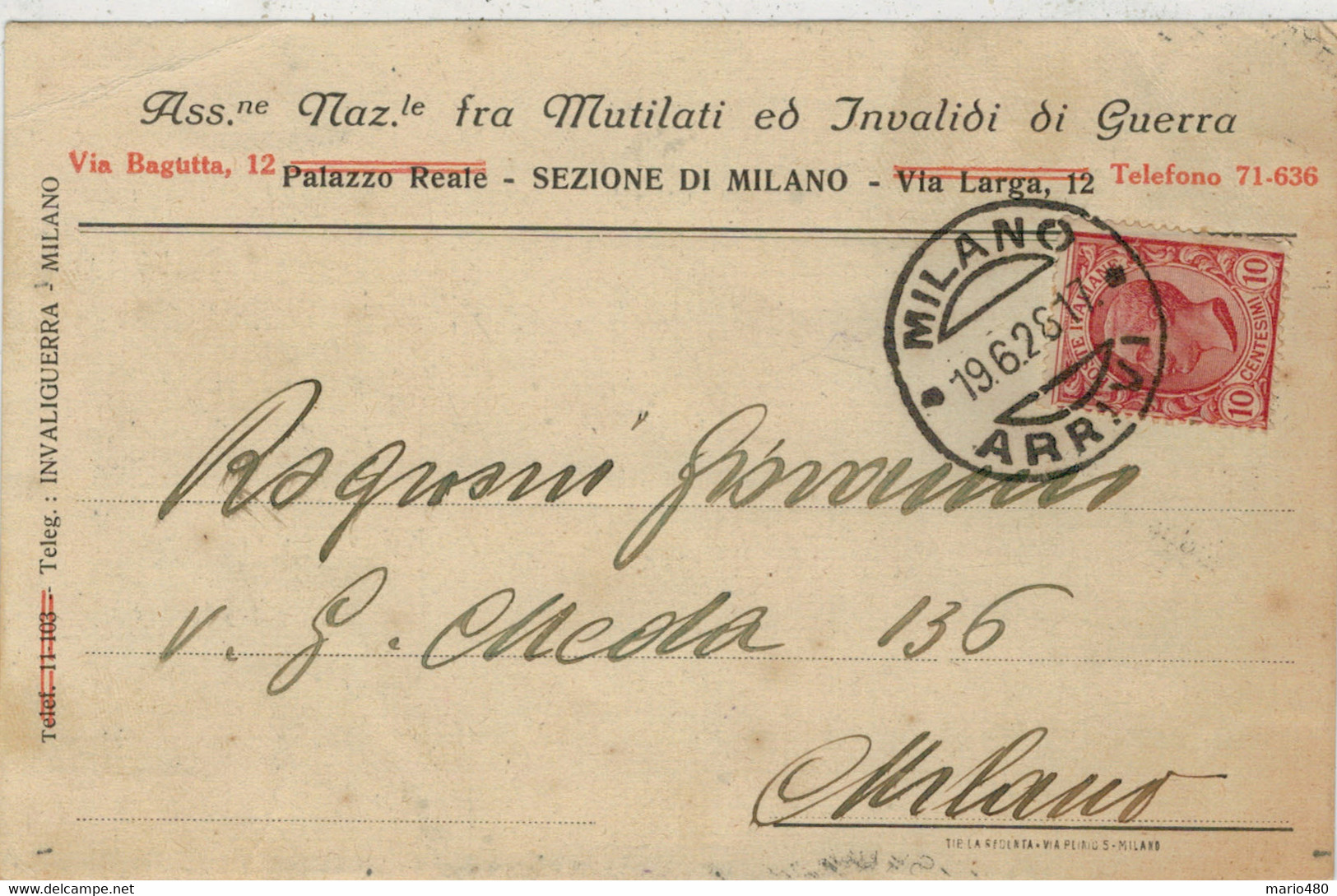 ASS.  NAZ. FRA    MUTILATI  ED  INVALIDI  DI  GUERRA  SEZ.  MILANO    1928     VIAGGIATA  PER  MILANO - Storia Postale (Zeppelin)