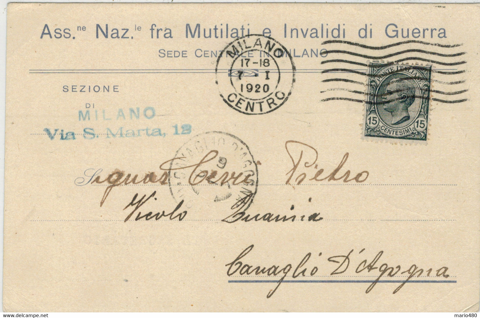 ASS.  NAZ. FRA    MUTILATI  ED  INVALIDI  DI  GUERRA  SEZ.  MILANO  1920      VIAGGIATA  PER  CAVAGLIO D' AGOGNA - Marcofilie (Zeppelin)