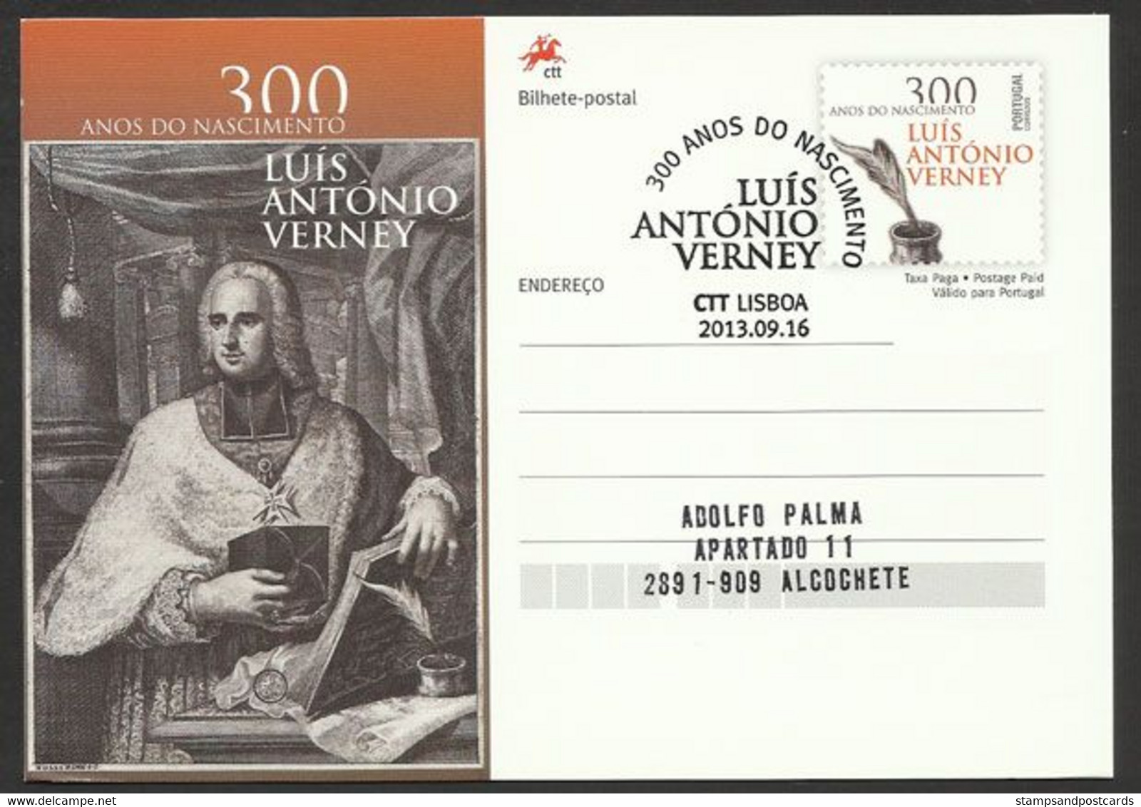 Portugal Entier Postal 2013 Illuministe Luis António Verney Philosophe Théologien Cachet Premier Jour Postal Stationery - Théologiens