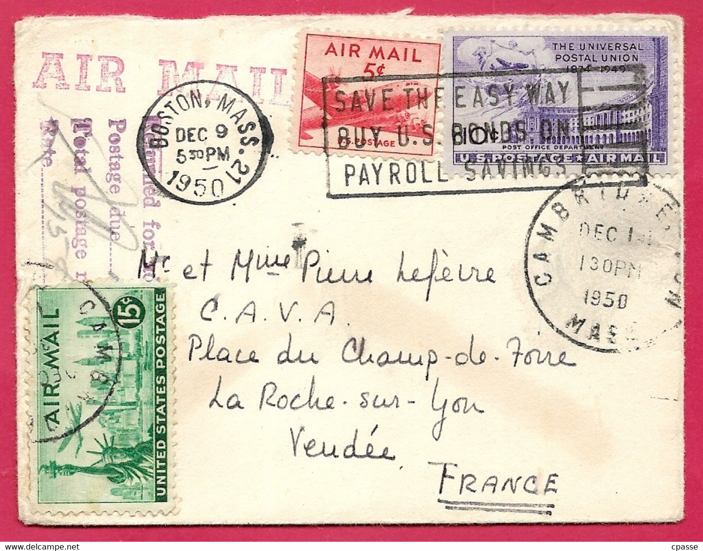 1950 Etats-Unis USA BOSTON Air Mail To France ...returned Postage Due - Autres & Non Classés
