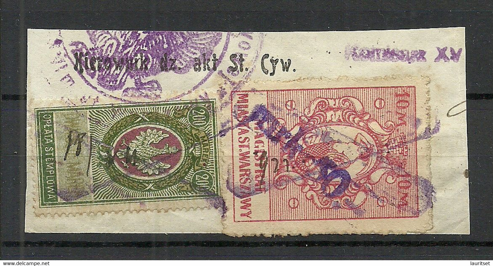 POLEN Poland 1920ies - 2 Documentary Tax Stempelmarken Revenue Oplata Stemplowa & Magistrat Miasta St. Warszawy With OPT - Revenue Stamps