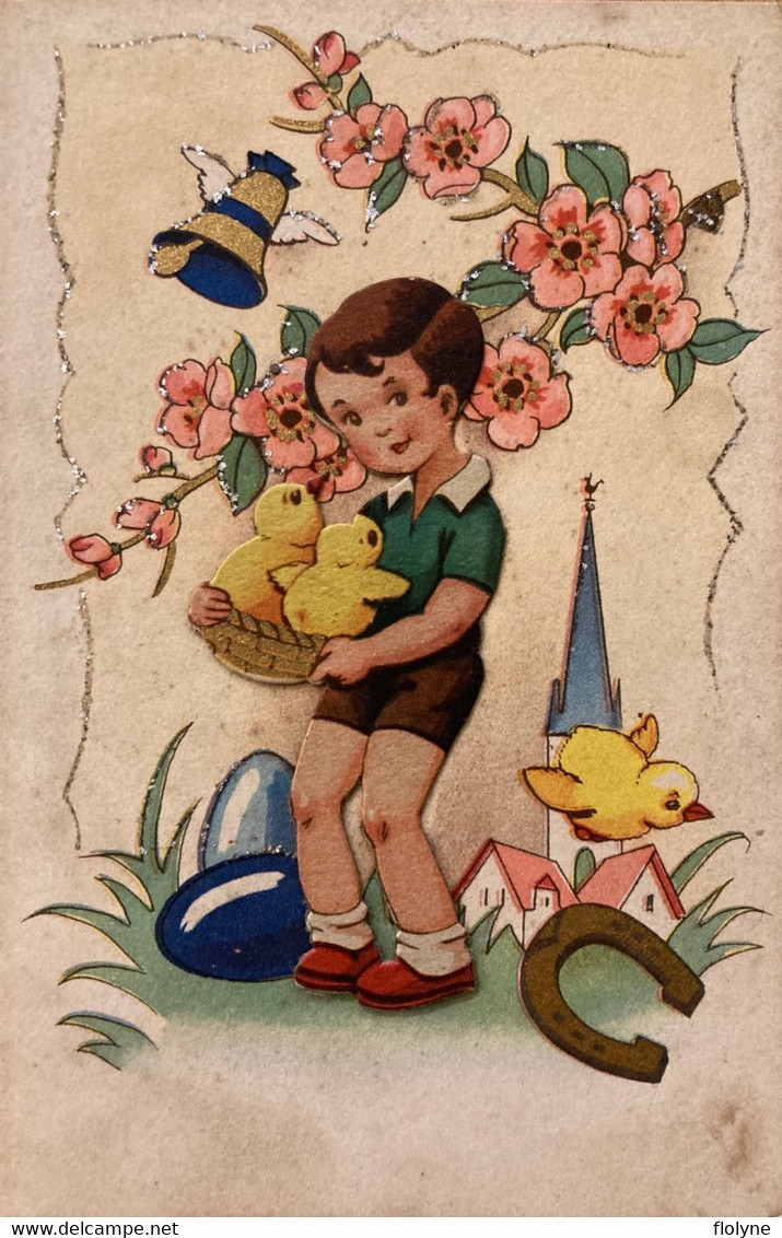 Cpa Illustrateur - Enfant Avec Poussins - Système Ajouti - Fantaisie Fleurs - Other & Unclassified