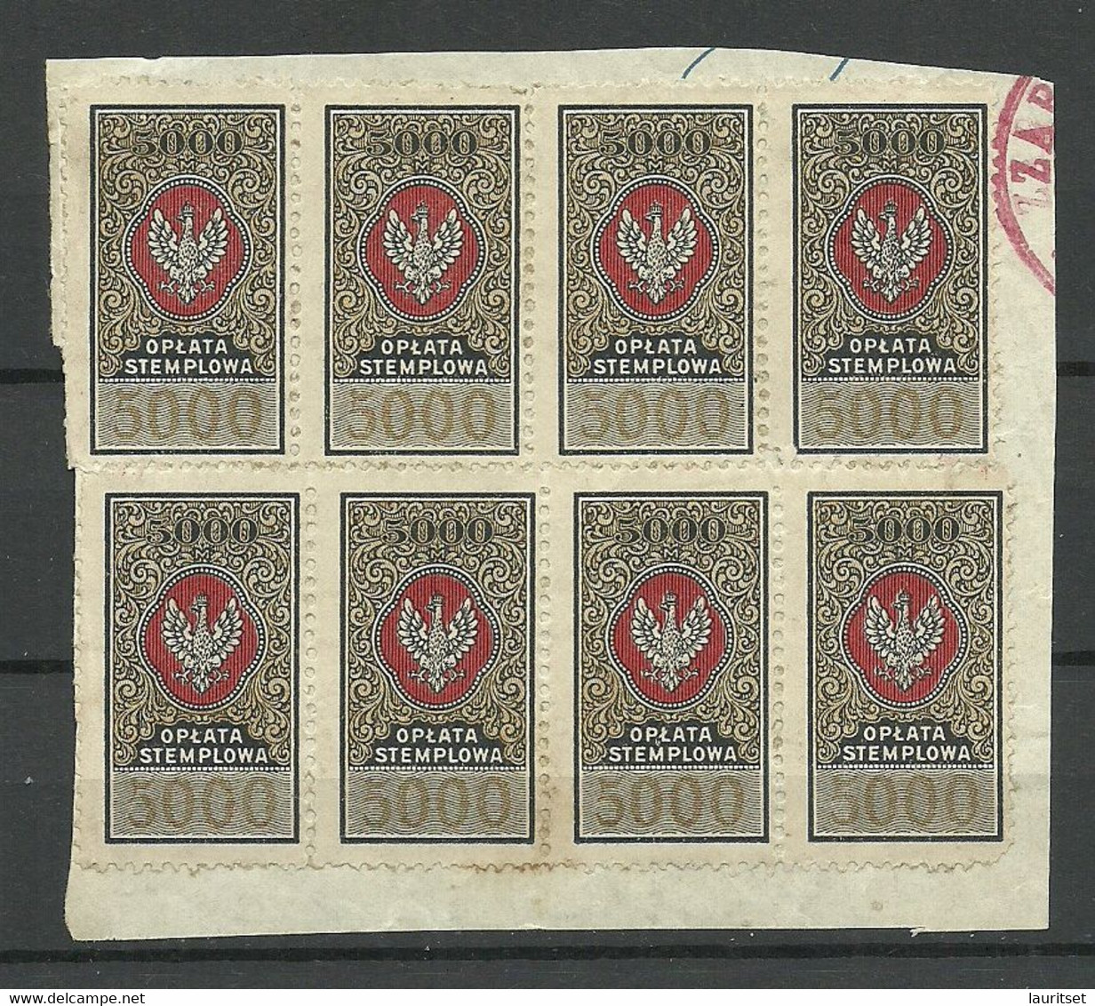 POLEN Poland 1920ies Documentary Tax Stempelmarken Revenue Oplata Stemplowa 5000 M As 8-block On Out Cut, Unused - Revenue Stamps