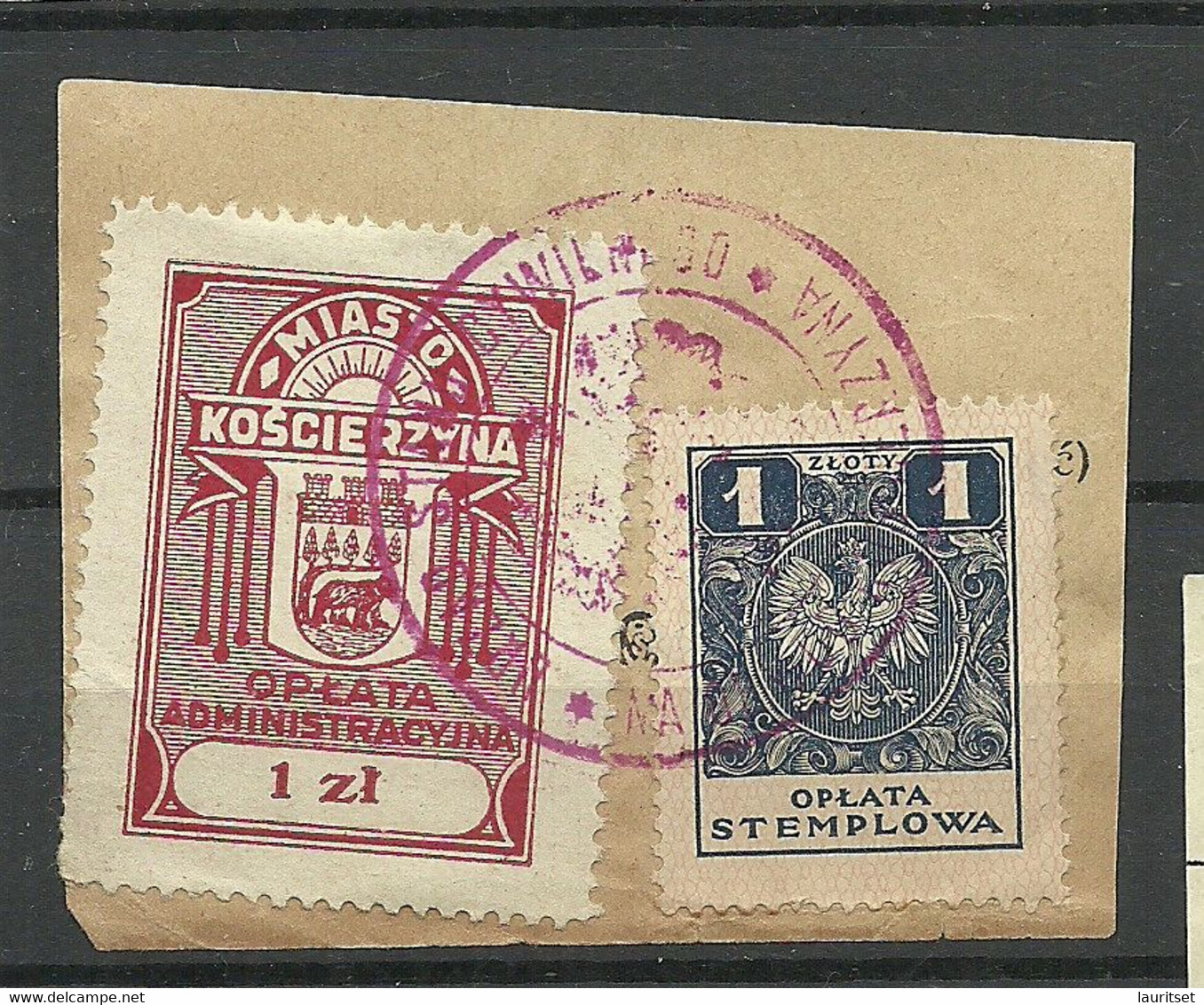 POLEN Poland 1920ies Tax Stempelmarken Oplata Stemplowa 1 Zl. & Oplata Administracyjna Miasto Koscierzyna On Out Cut - Fiscaux