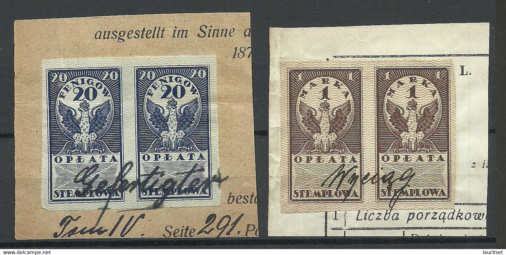 POLEN Poland 1920ies - Documentary Tax Stempelmarken Revenue Oplata Stemplowa 1 Marka & 20 Fen. As Pairs O On Out Cut - Fiscali