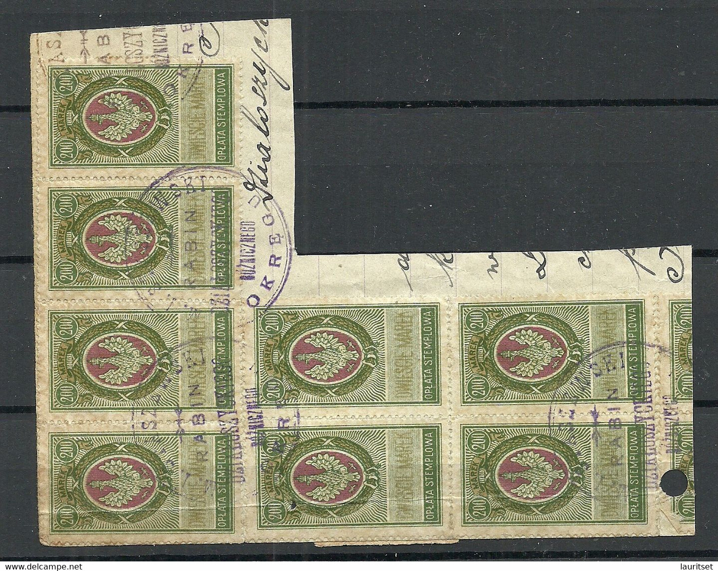 POLEN Poland 1920ies - Documentary Tax Stempelmarken Revenue Oplata Stemplowa 200 Marek As 7-block O On Out Cut - Revenue Stamps