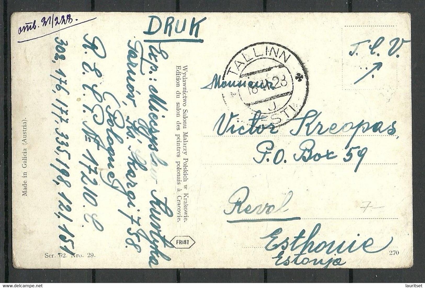 POLEN Poland 1915 Stadtpost Warschau Local City Post Michel 6 On Post Card To Estonia 1928 NB! Stamp Is Added Later! - Cartas & Documentos