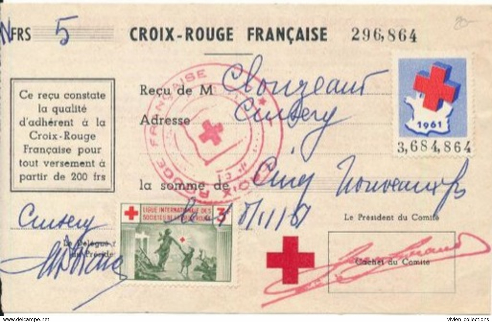 Cuisery (71) Reçu Pour Don 5 Nouveaux Francs En 1961 Pour La Croix Rouge Avec Vignettes Et Tampon - Red Cross