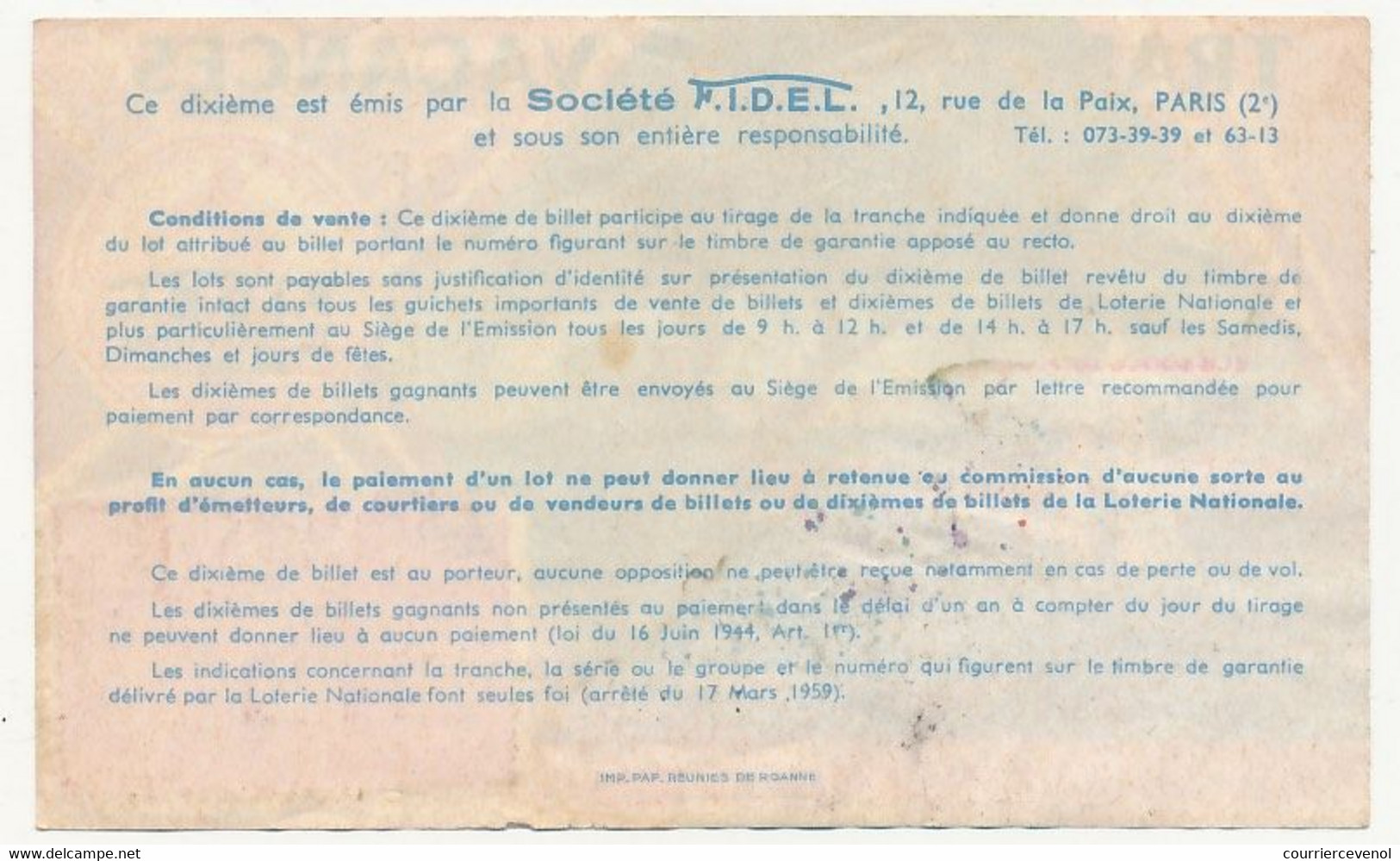 FRANCE - Loterie Nationale - 1/10ème - F.I.D.E.L. Tranche Des Vacances - 1973 - Billets De Loterie