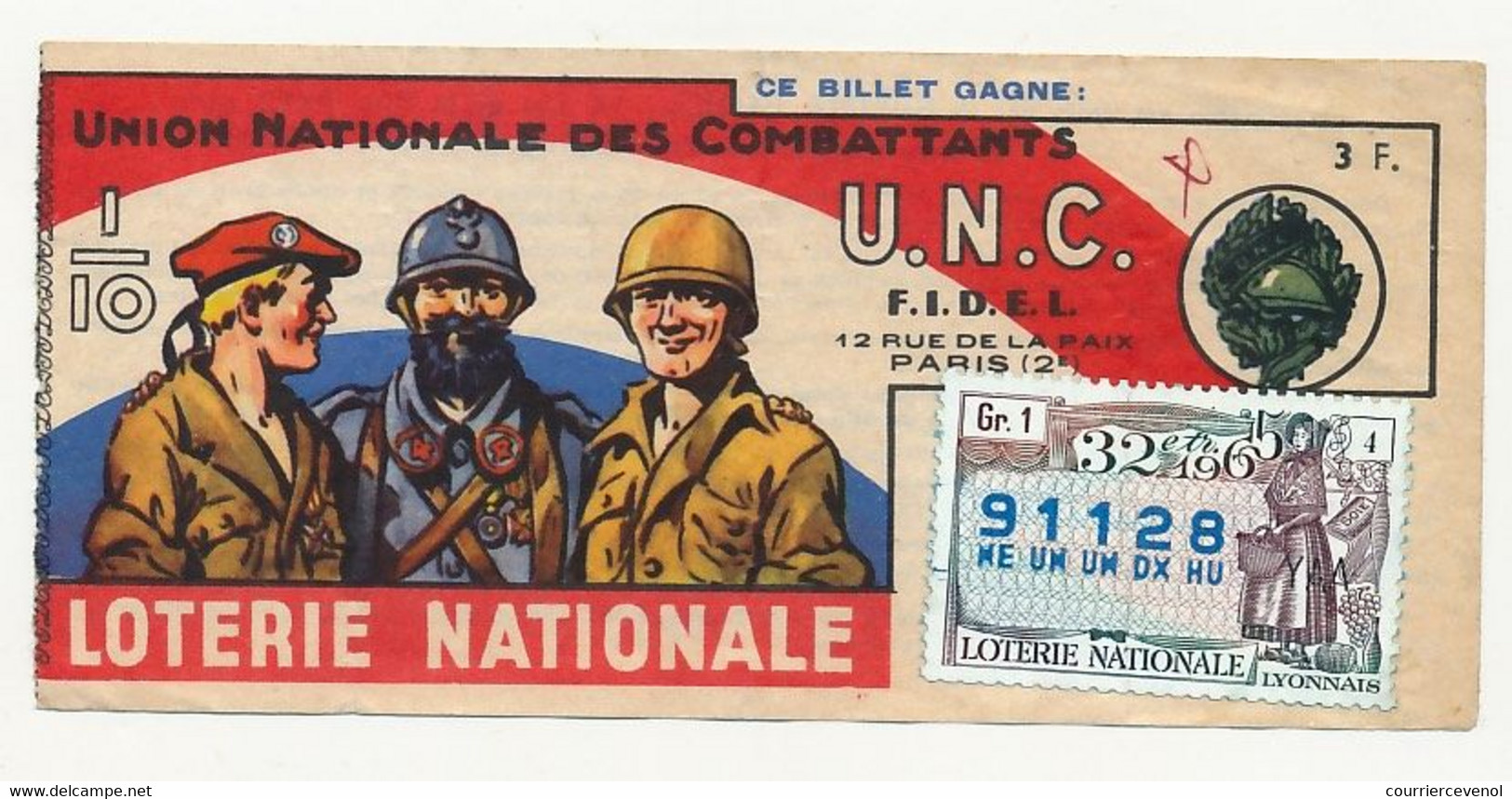 FRANCE - Loterie Nationale - 1/10ème - F.I.D.E.L. Union Nationale Des Combattants - 32ème Tranche - 1965 - Billets De Loterie