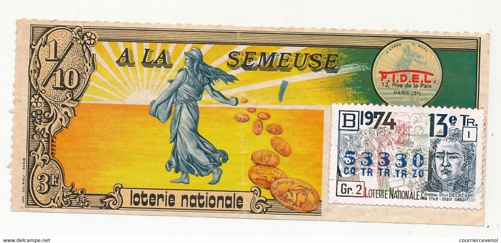 FRANCE - Loterie Nationale - 1/10ème - F.I.D.E.L. A La Semeuse - 13ème Tranche 1974 - Billets De Loterie