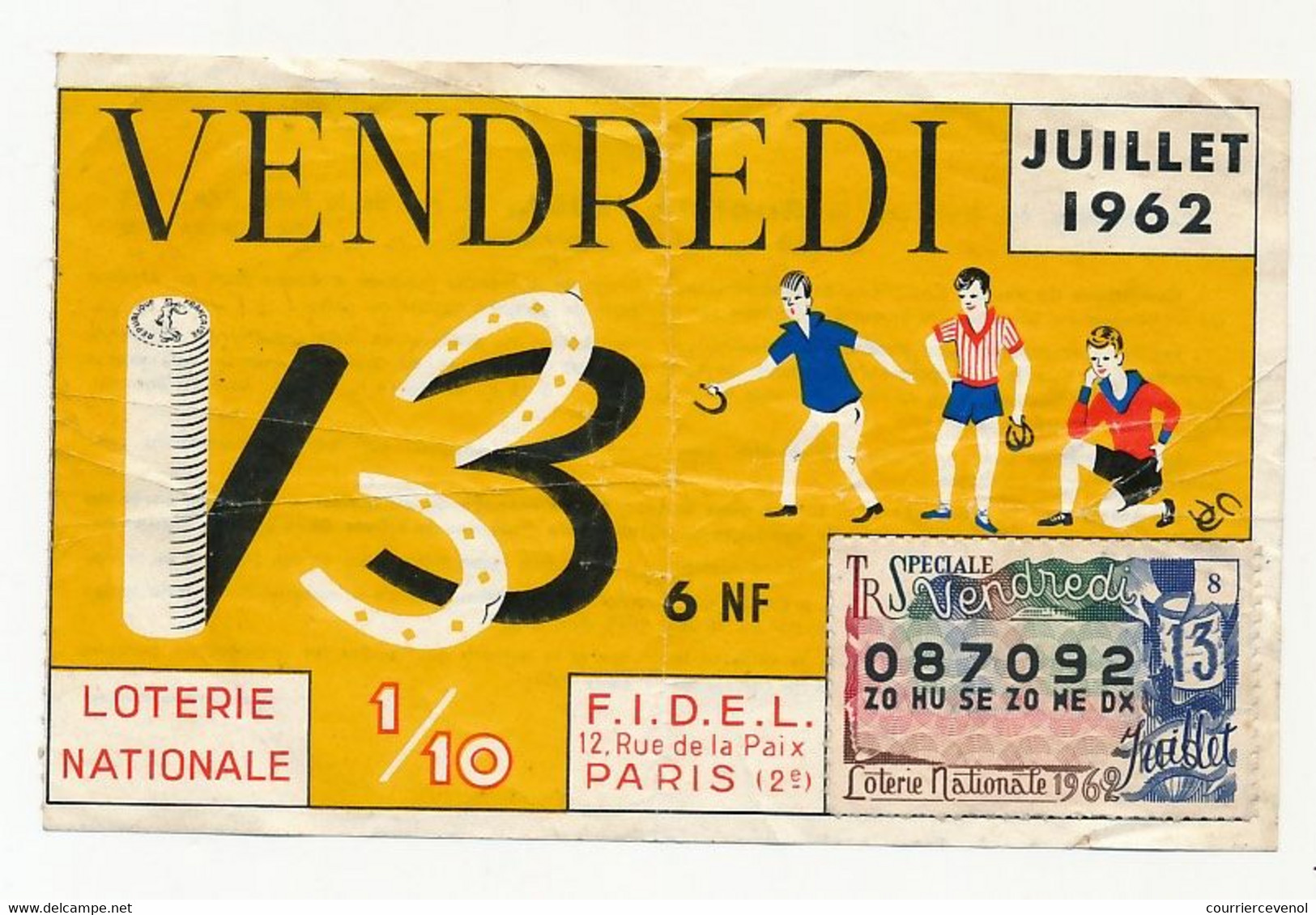 FRANCE - Loterie Nationale - 1/10ème - F.I.D.E.L. - Vendredi 13 - 1962 - Billets De Loterie